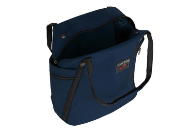 visible variant TB0615-DK^^An above shot of the Pop Tote in Deep Blue (dark blue) 630 Ballistic with the main compartment open.