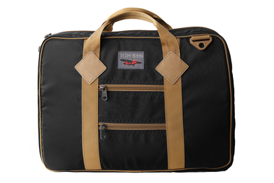visible variant TB0780-BNSN^^Founder's Briefcase in Black 420 Parapack with Coyote (tan) trim and a logo at the top-middle.