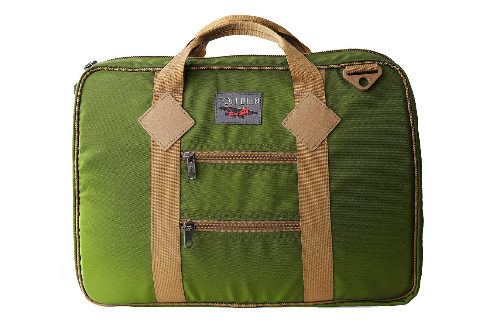 visible variant TB0780-ONSN^^Founder's Briefcase in Olive 420 Parapack with Coyote (tan) trim and a logo at the top-middle.