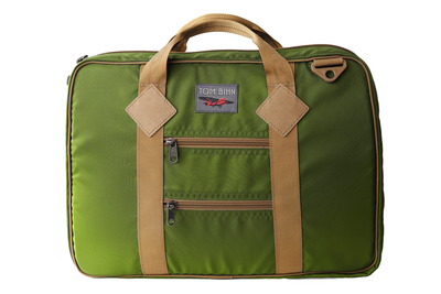 visible variant TB0780-ONSN^^Founder's Briefcase in Olive 420 Parapack with Coyote (tan) trim and a logo at the top-middle.