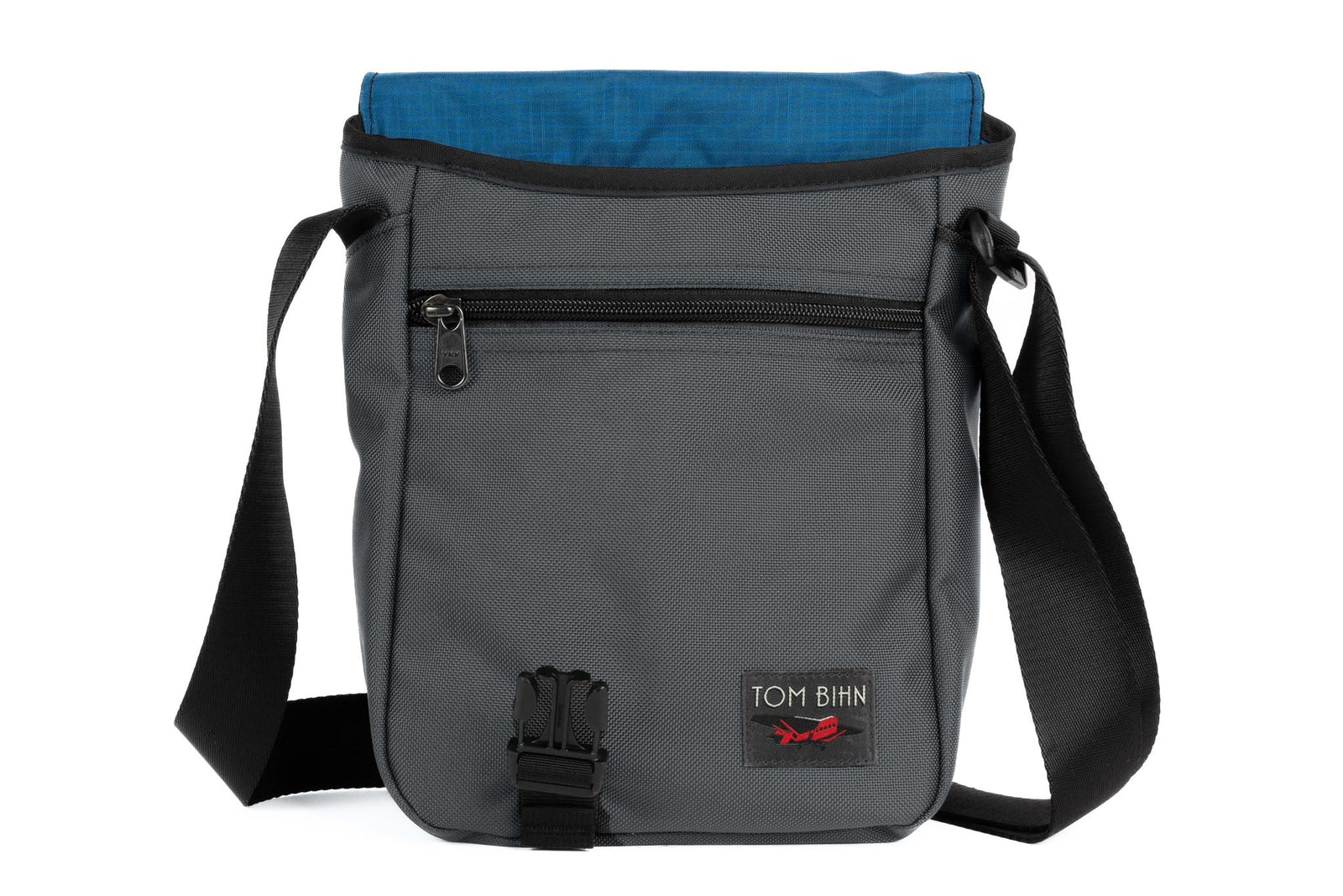 visible variant TB0201-GKOL^^Small Cafe Bag in Nebulous Grey Ballistic with a Cobalt 210 Cerylon interior.