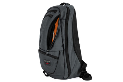visible variant TB0121-GKPL^^A Nebulous Grey Ballistic Synik 30 with the side pocket open showing the Persimmon Cerylon lining color. 