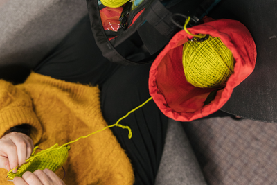 visible lifestyle^^Small Yarn Stuff Sack with a ball of yarn inside