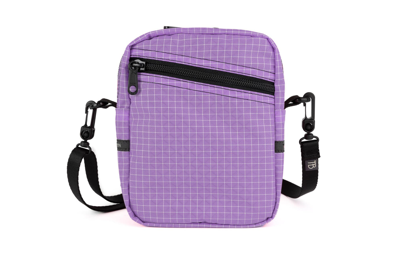 visible variant TB0416-YDGE^^An Everyday Cubelet in Wisteria Halcyon (pale purple with a white grid) with a front zipper.
