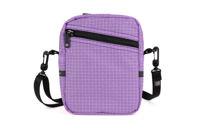 visible variant TB0416-YDGE^^An Everyday Cubelet in Wisteria Halcyon (pale purple with a white grid) with a front zipper.