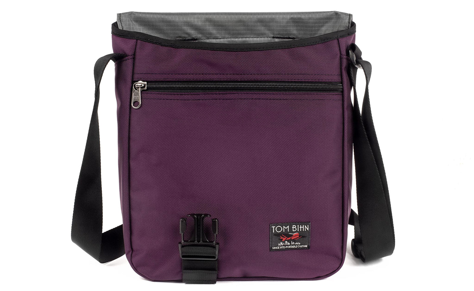 visible variant TB0202-UKGL^^Medium Cafe Bag in Aubergine (dark purple) 525 Ballistic with Mountain Grey (grey with light grey grid) 210 Cerylon interior