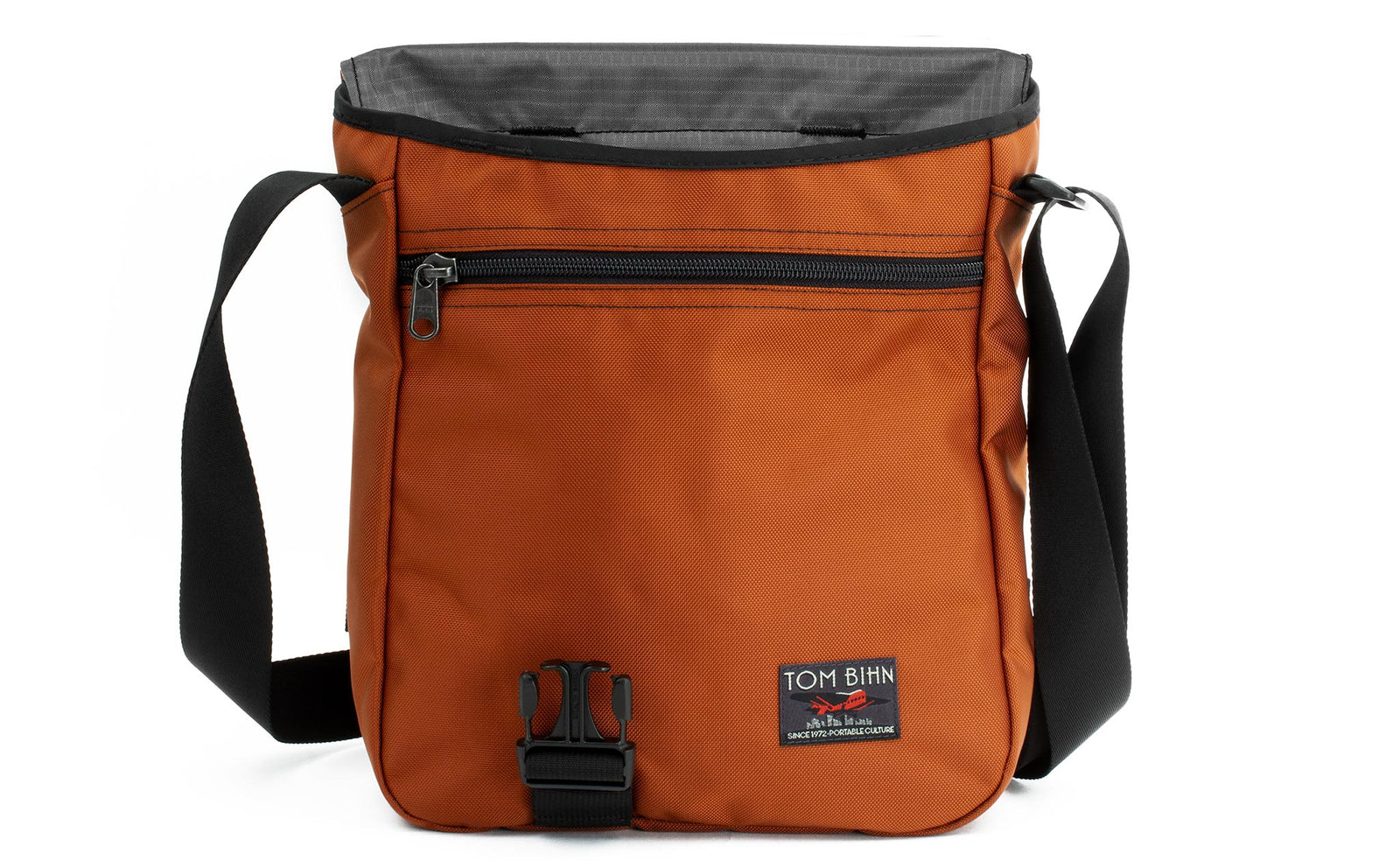 visible variant TB0202-TKGL^^Medium Cafe Bag in Burnt Orange 525 Ballistic with Mountain Grey (grey with light grey grid) 210 Cerylon interior