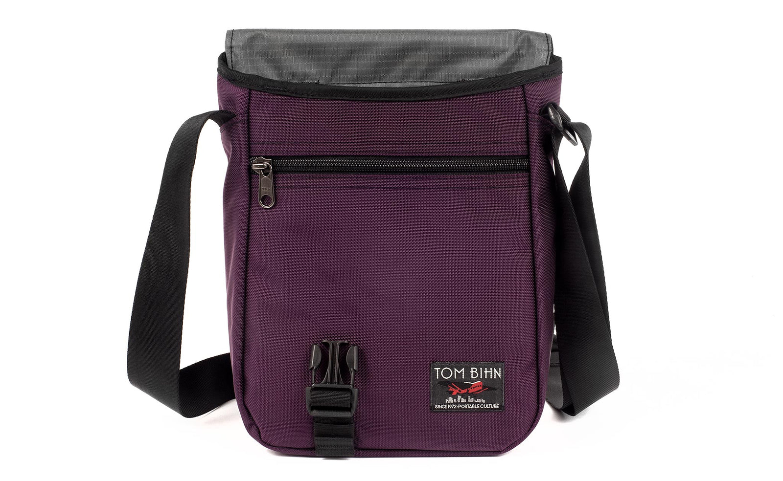 visible variant TB0201-UKGL^^A Small Cafe Bag in Aubergine (dark purple) 525 Ballistic with a Mountain Grey (grey with light grey grid) 210 Cerylon interior.