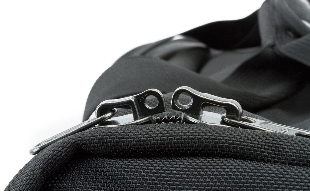 detail visible^^Each of the side pockets and the main pocket have two zipper pulls that come together with rings at the end that a luggage lock can be slipped through to keep your bag locked closed.