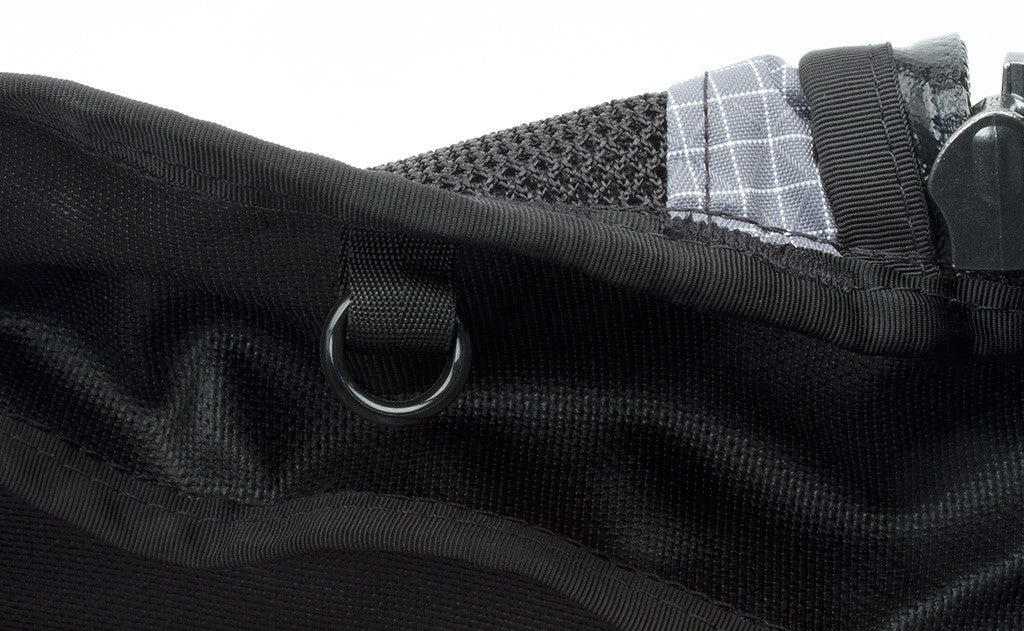 detail visible^^The o-rings are plastic rings that are hung or held in place by a loop of webbing sewn into the seam of the bag.