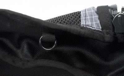 detail visible^^The o-rings are plastic rings that are hung or held in place by a loop of webbing sewn into the seam of the bag.