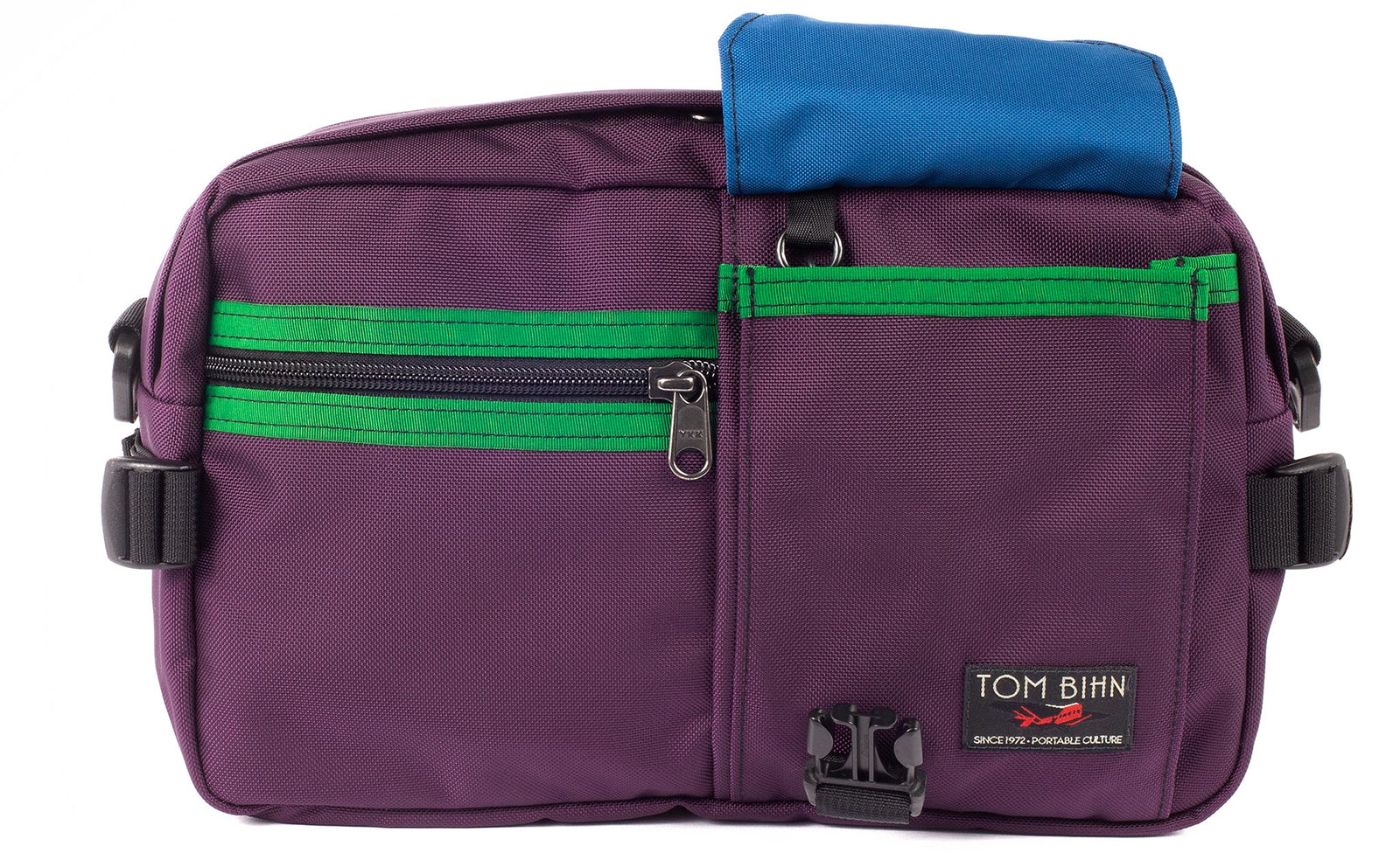 visible variant TB0425-UKIJ^^The LGD in Aubergine/Hunter/Island. Front view of the bag, buckle pocket lifted up showing the Island lining.