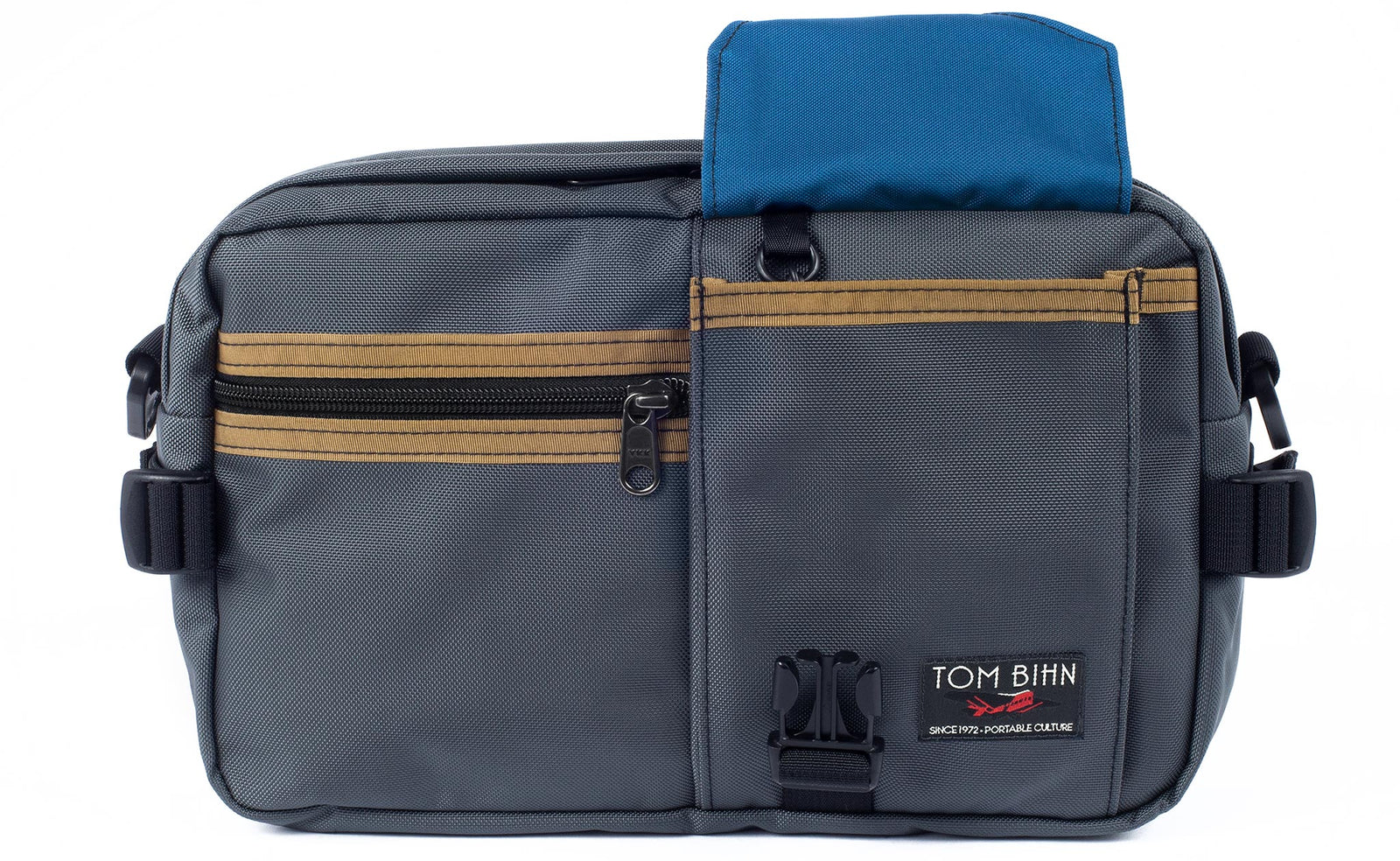 visible variant TB0425-GKIJ^^The LGD in Nebulous Grey/Coyote/Island. Front view, front buckle pocket lifted up to show the Island lining.