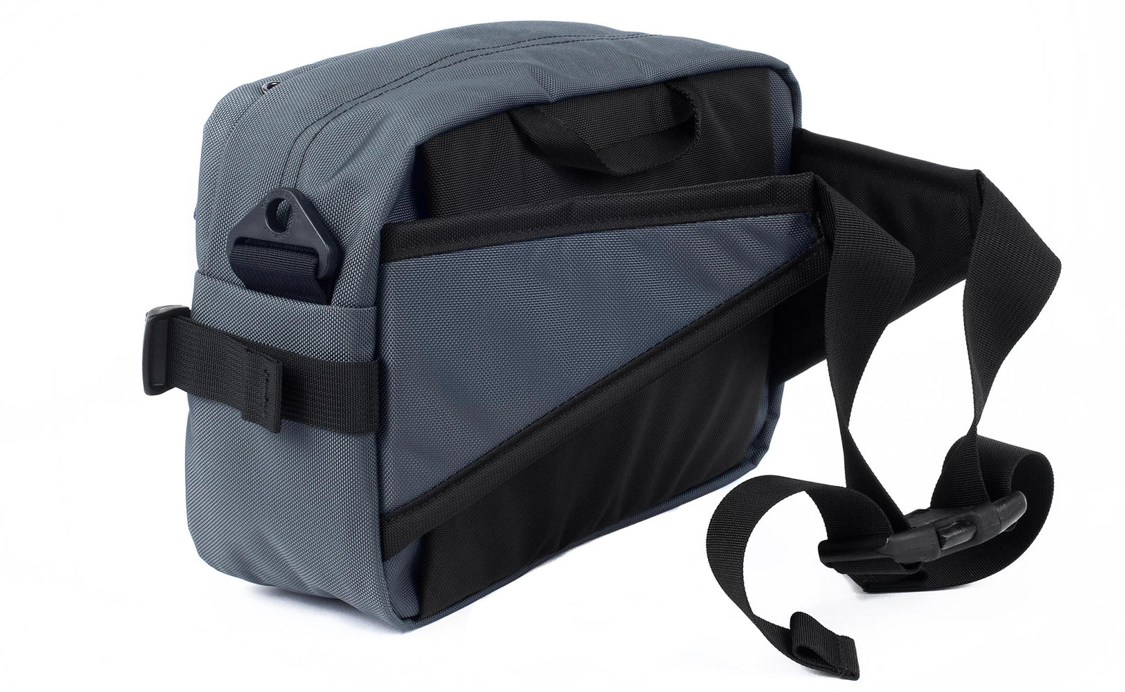 detail visible^^A 3/4 shot of the Le Grand Derriere showing the side and rear of the pack with its hip belts out and connected.