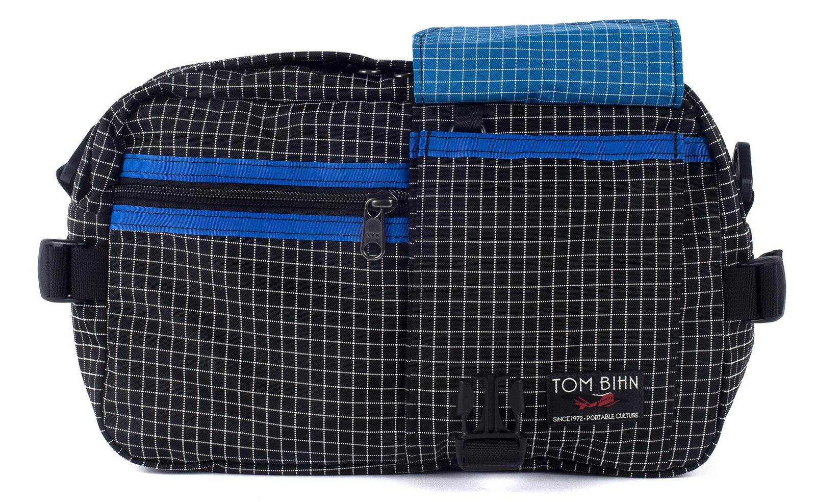 visible variant TB0425-OHLD^^The LGD in Original Halcyon/Royal/Island. Front view, front buckle pocket lifted up to show the Island lining.