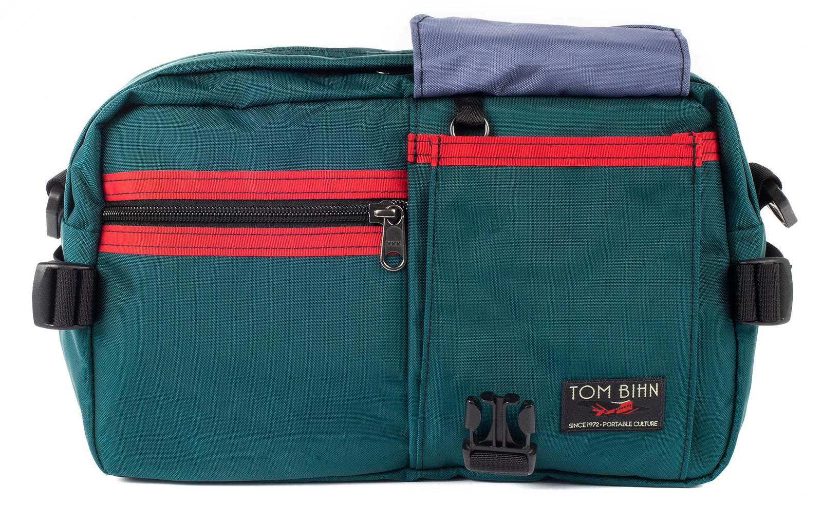 visible variant TB0425-SRDJ^^The LGD in Seapine/Red/Dawn. Front view, front buckle pocket lifted up to show the Dawn lining.