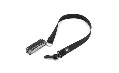 visible variant TB0516S-BA^^A 16-inch Black Key Strap with a snaphook at one end and a split-ring o-ring at the other with a pocket knife fed through the split-ring o-ring.