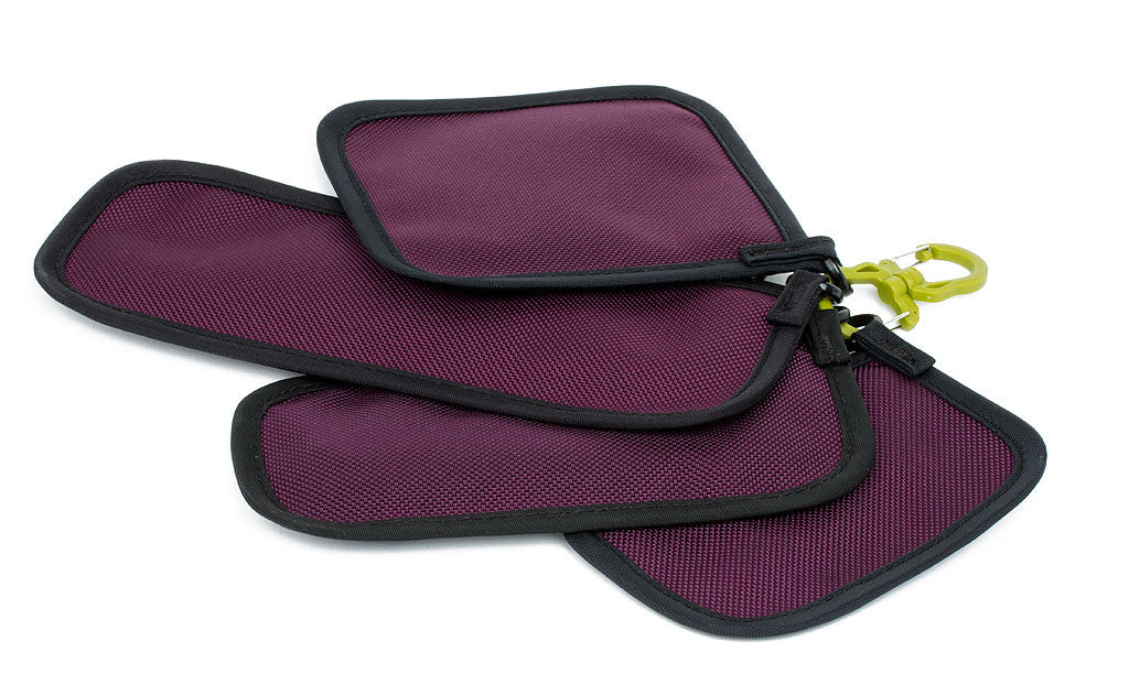 detail visible^^Reverse shot of a Wasabi Medium Double Carabiner with all 4 sizes of Knitting Tool Pouch attached.