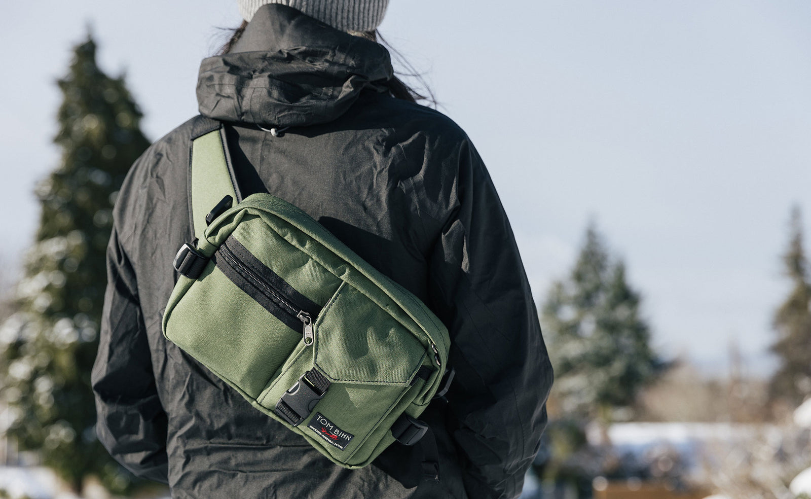 lifestyle visible^^Person wearing the LPD in Boreal sling-style, on their back.