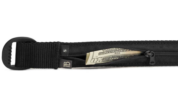 A close shot of the Travel Money Belt's compartment unzipped showing a folded bill.