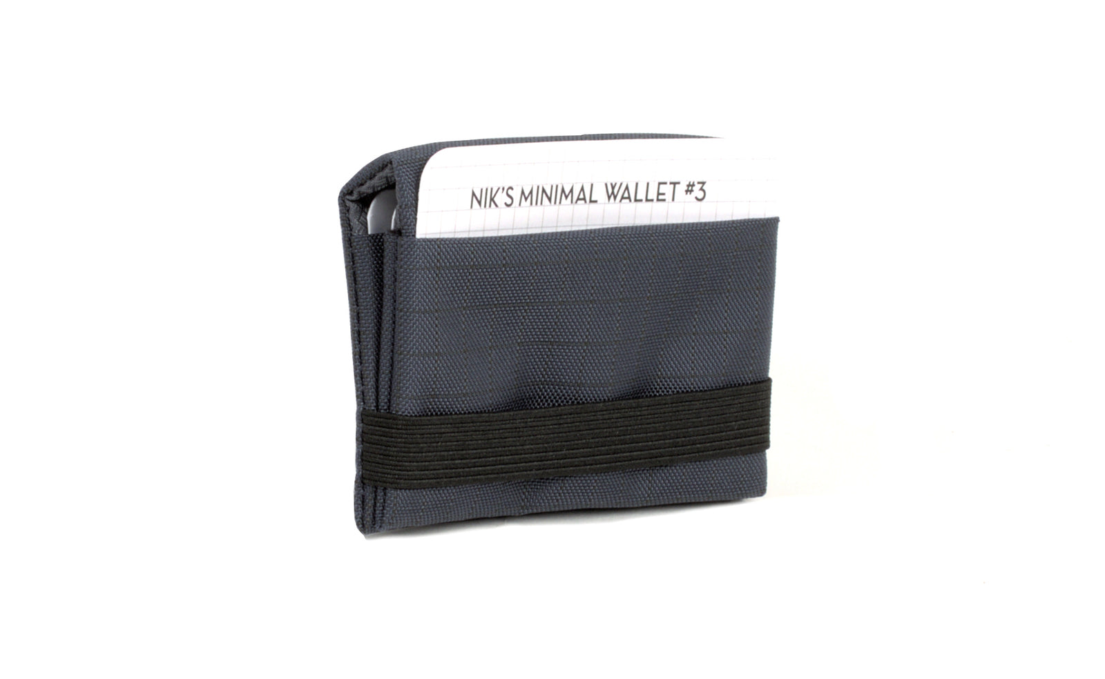 visible variant TB1279-TH^^The Size 3 Nik's Minimalist Wallet in Night Walk (dark blue with grey grid) 400 Halcyon closed with the attached elastic band.