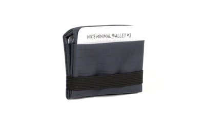 visible variant TB1279-TH^^The Size 3 Nik's Minimalist Wallet in Night Walk (dark blue with grey grid) 400 Halcyon closed with the attached elastic band.