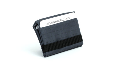 visible variant TB1275-TH^^The Size 5 Nik's Minimalist Wallet in Night Walk (dark blue with grey grid) 400 Halcyon closed with the attached elastic band.