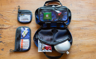 ^^Interior shot of a filled Second Aid Pouch in Blue