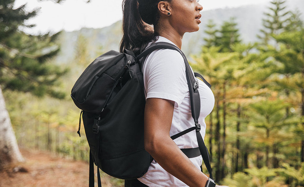 visible variant TB0116-BKLJ^^Woman wearing the Shadow Guide 33 on a hike. Profile view.