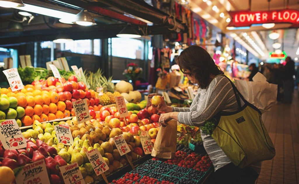 ^^A person shopping with the Original Large Shop Bag under their arm.