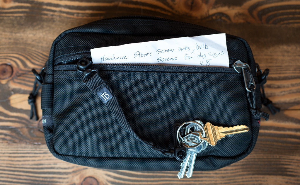 lifestyle visible^^A 3x5 notecard in the front pocket of a Side Effect.