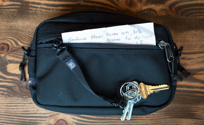lifestyle visible^^A 3x5 notecard in the front pocket of a Side Effect.