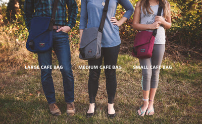 ^^A comaprison photo of people carrying the Small Cafe Bag, Medium Cafe Bag, and Large Cafe Bag.