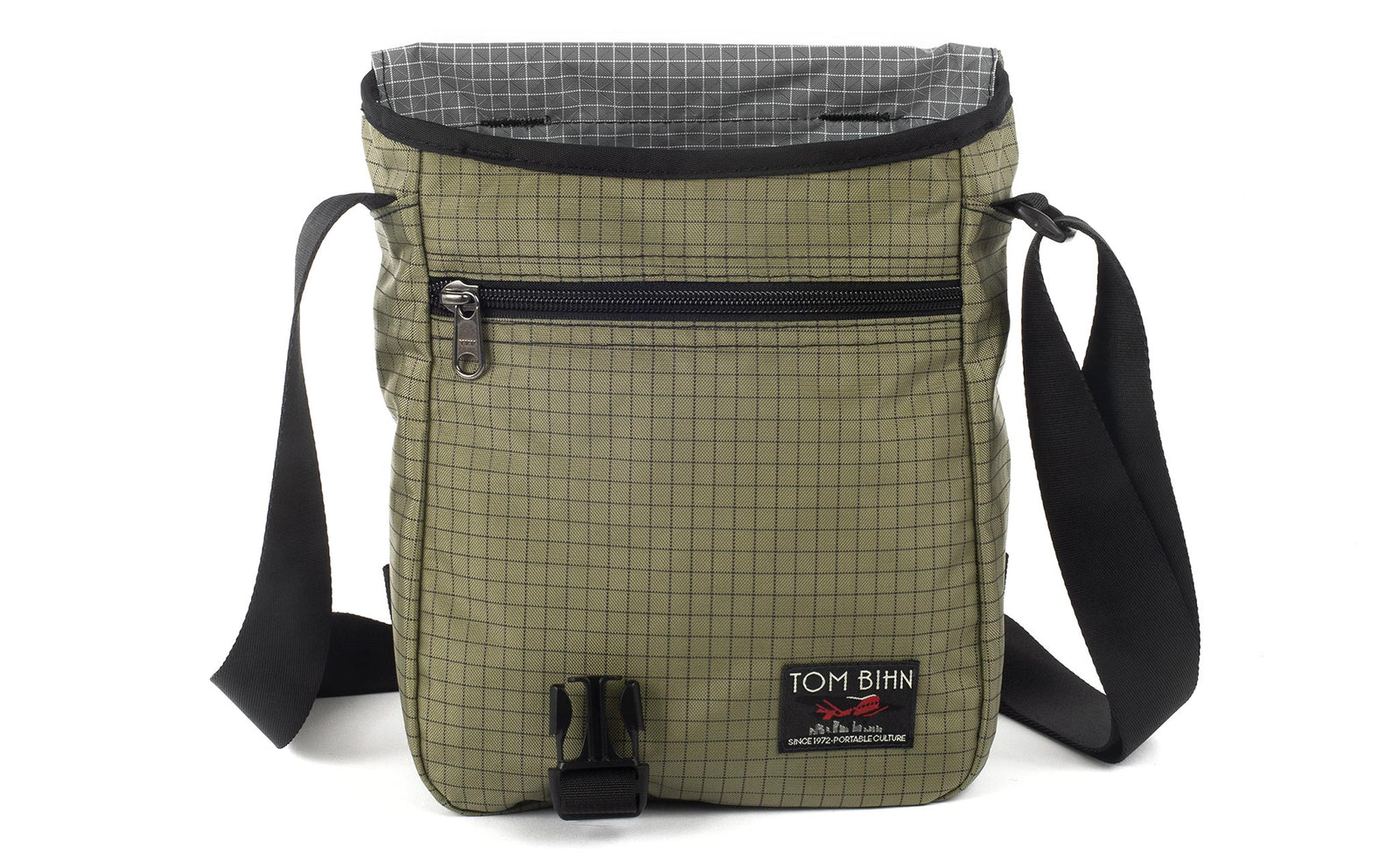 visible variant TB0201-VHND^^A Small Cafe Bag in Taiga (olive green with grey grid) 400 Halcyon with a Northwest Sky (light grey with white grid) 200 Halcyon interior.