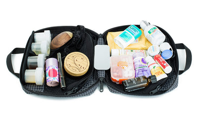 visible detail^^The Deluxe Spiff Kit covered in the items that could fill it completely, including several creams, travel wipes, travel deodorant, eyedrops, makeup, and more.