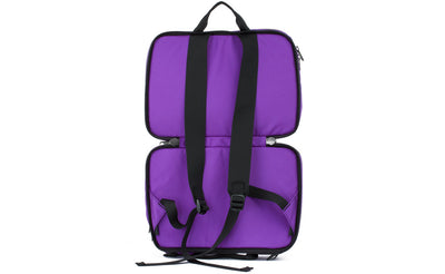 visible variant TB0975-AKDJ^^The Stowaway in Alphaviolet (bright purple) 525 Ballistic with the center compartment opened showing backpack straps.
