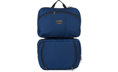 visible variant TB0975-DKGJ^^A shot of the face of The Stowaway in Deep Blue (dark blue) 525 Ballistic with the center compartment open.