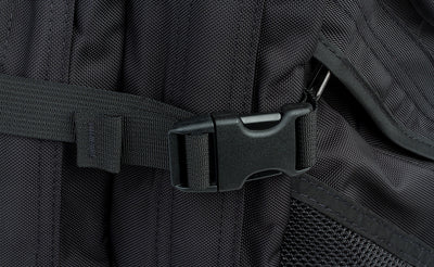 detail visible^^A close shot of one of the side cinches buckled up and cinched down.