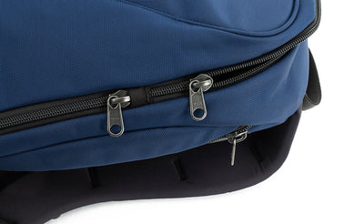 detail visible^^A close shot of point where the small side pocket zipper and main compartment zipper meet.