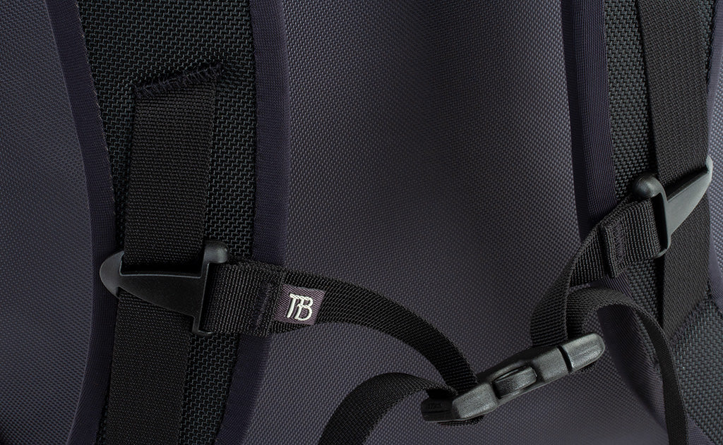 detail visible^^A close shot of the sternum strap attached to the shoulder straps.