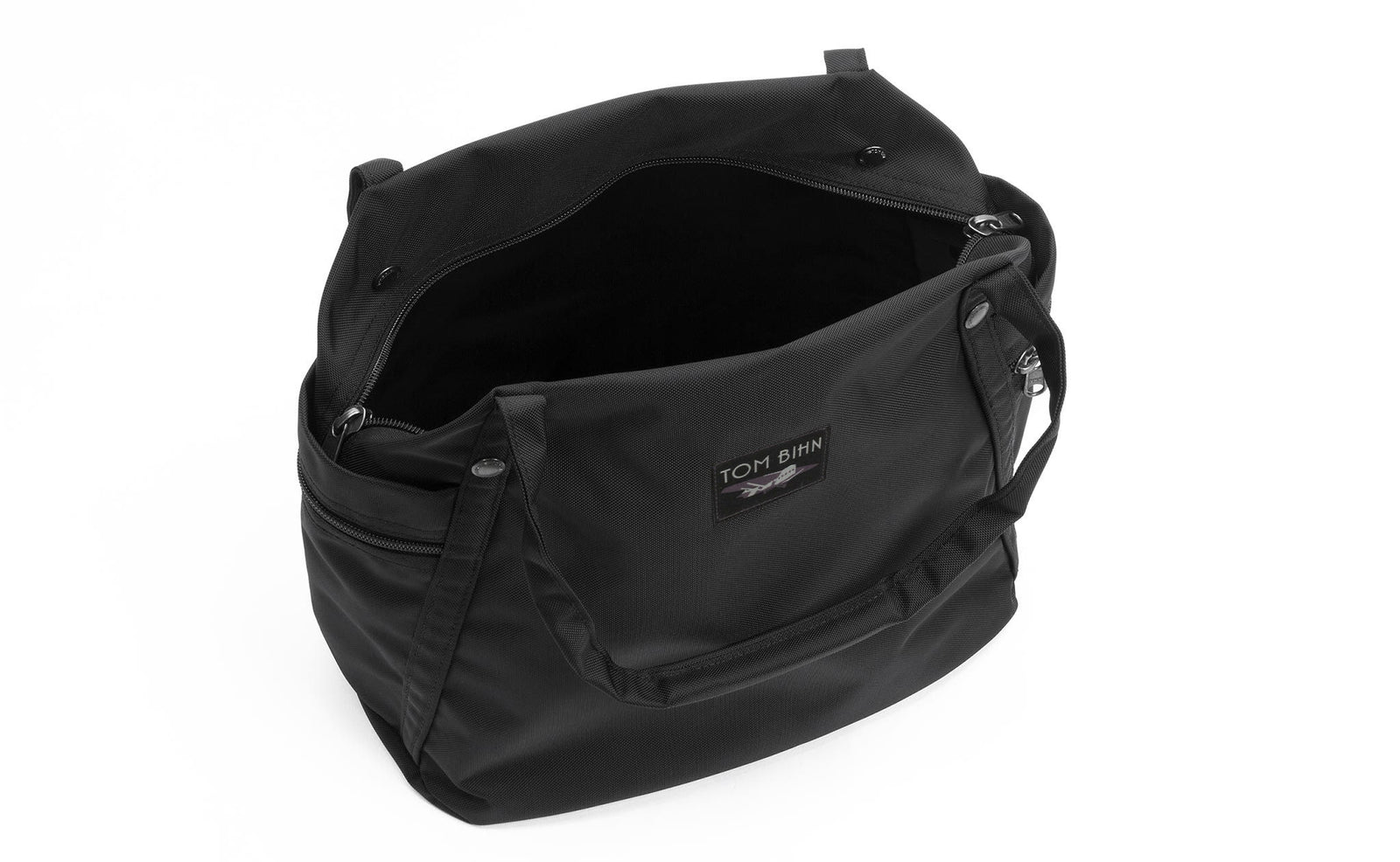 visible variant TB0615-BK^^An above shot of the Pop Tote in Black 630 Ballistic with the main compartment open.