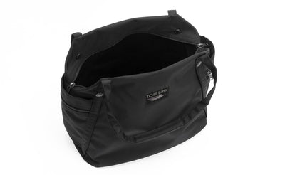visible variant TB0615-BK^^An above shot of the Pop Tote in Black 630 Ballistic with the main compartment open.