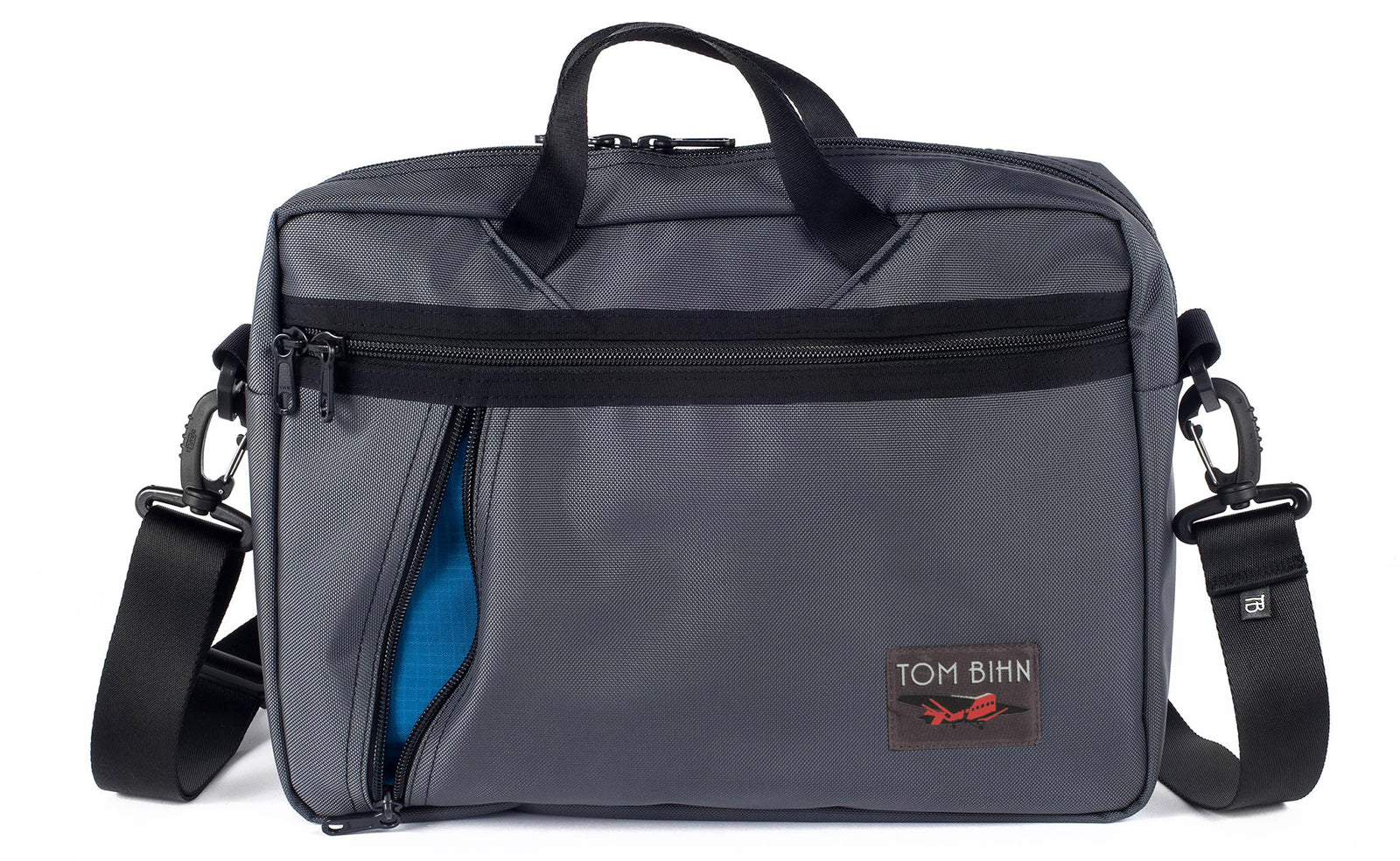 visible variant TB0722-GKOL^^Daylight Briefcase in Nebulous Grey (medium grey) Ballistic with Cobalt (blue) 210 Cerylon interior