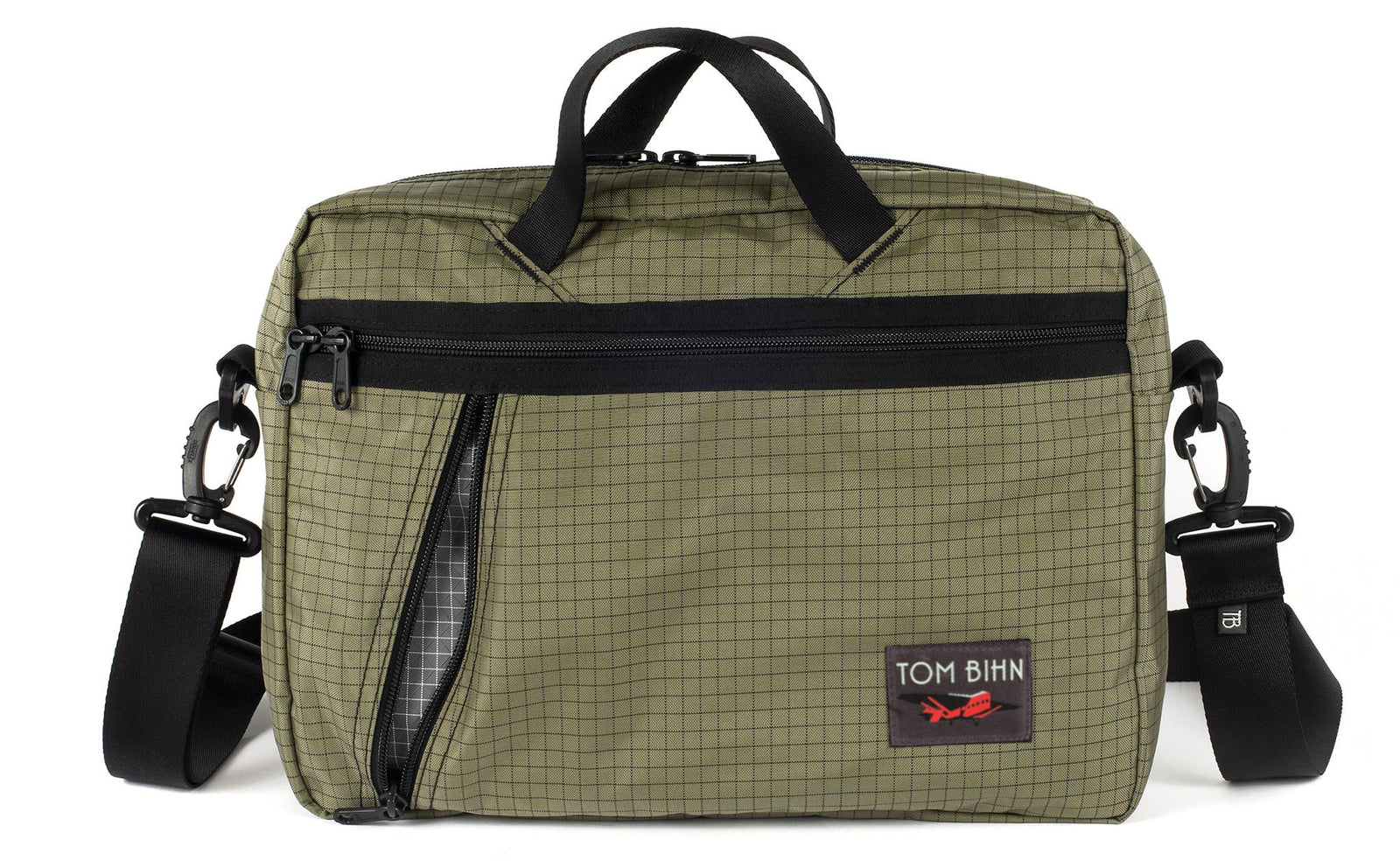 visible variant TB0722-VHND^^Daylight Briefcase in Taiga (olive green with grey grid) 400 Halcyon with Northwest Sky (light grey with white grid) 200 Halcyon interior