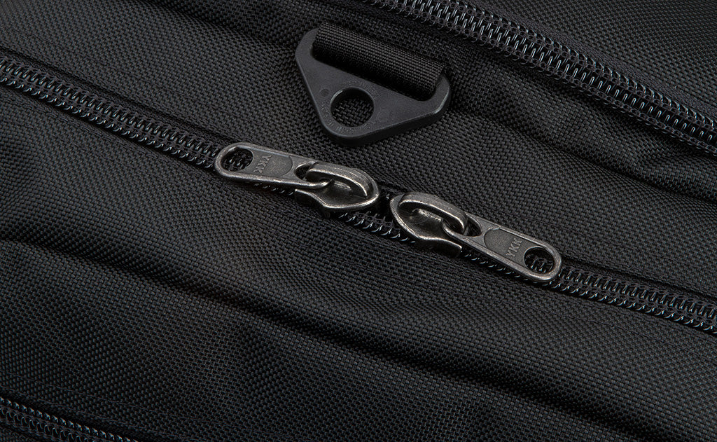 visible detail^^An close shot of the zippers on the Road Buddy Duffel 60.