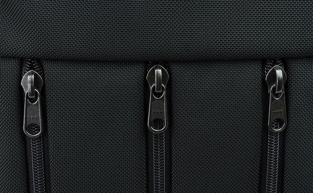 detail visible^^A close shot of the three front zippered pockets.