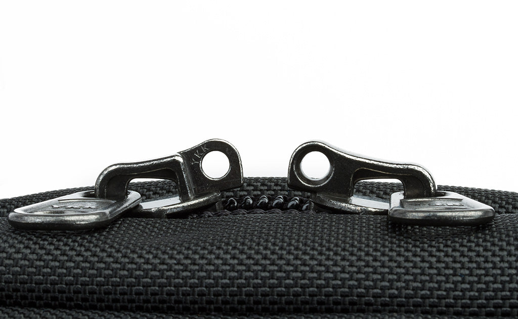 detail visible^^The locking zippers on a Black 525 Ballistic Western Flyer separated to show the individual openings on each of the two zippers.