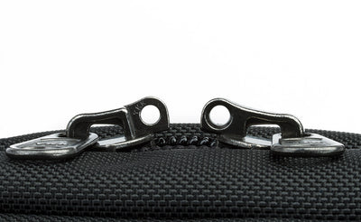detail visible^^The locking zippers on a Black 525 Ballistic Western Flyer separated to show the individual openings on each of the two zippers.