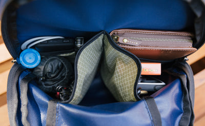 lifestyle visible^^Top-down picture looking into the front pocket of a Deep Blue Paramour with Taiga Halcyon lining.