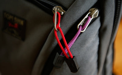 visible variant TB0512A-IA TB0512A-UA^^Cord Zipper Pulls with plastic pull tabs and attached to a bag's metal pull tabs.